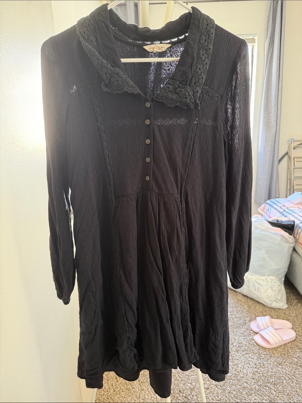 Lucky Brand Black Long Sleeve Lace Collar Dress